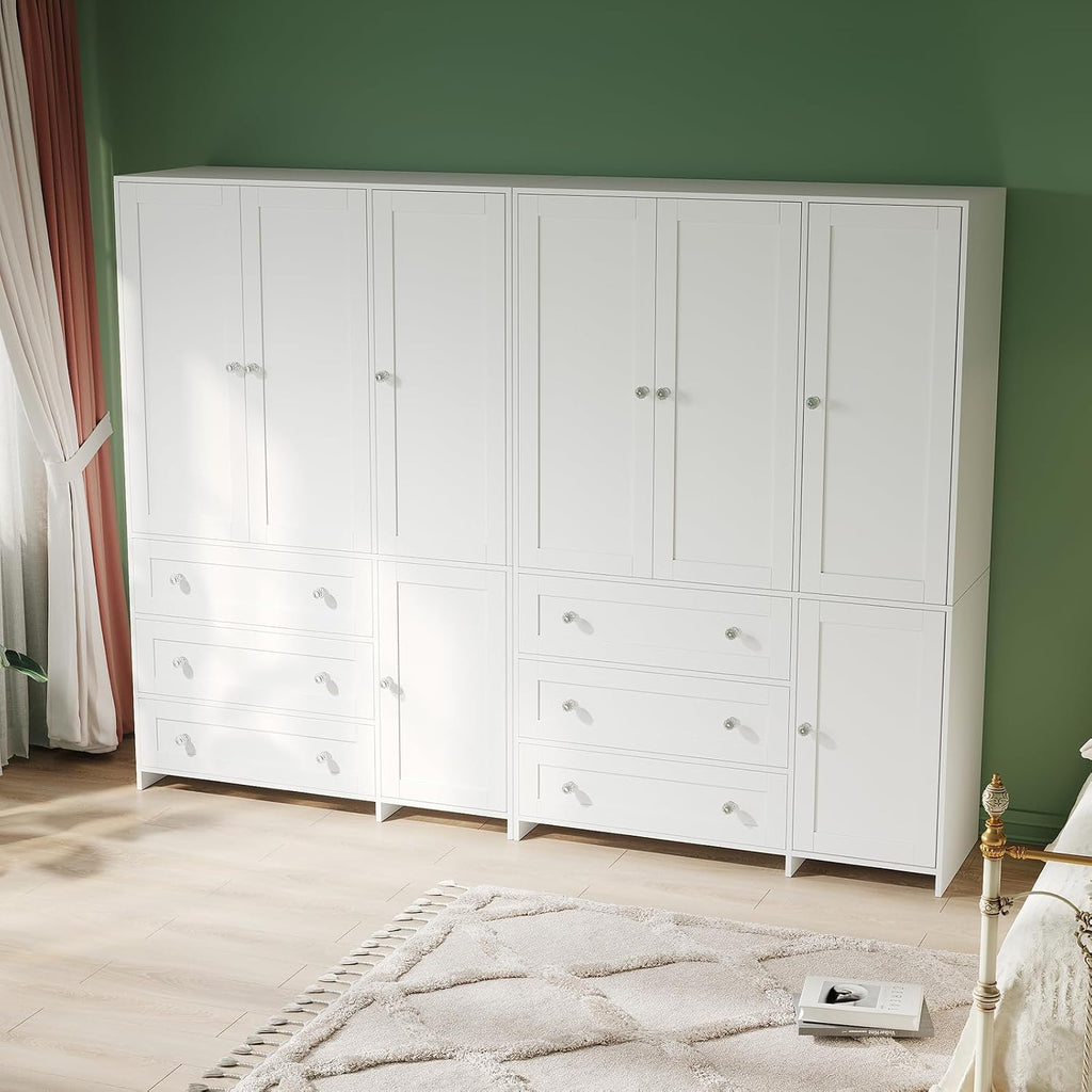 71" Armoire Wardrobe Closet with 3 Drawers and Mirror | Clothing Storage Cabinet with Hanging Rod, 4 Doors Wooden