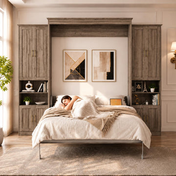 Queen Murphy Bed with 2 Side Cabinets, USB Port, Shelves, Grey