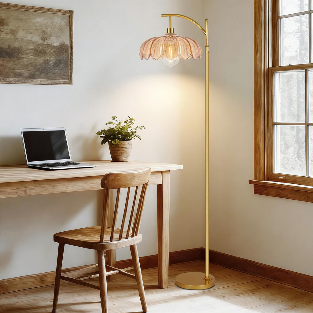 Gold Floor Lamp,Mid Century Modern Standing Lamp with Remote,Dimmable Brass Tall Lamp Amber Glass Vintage Retro Arc