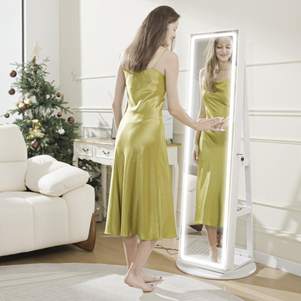 Mirror Jewelry Cabinet Standing, Jewelry Armoire with Full-Length LED Mirror and Adjustable Lights, 360° Swivel