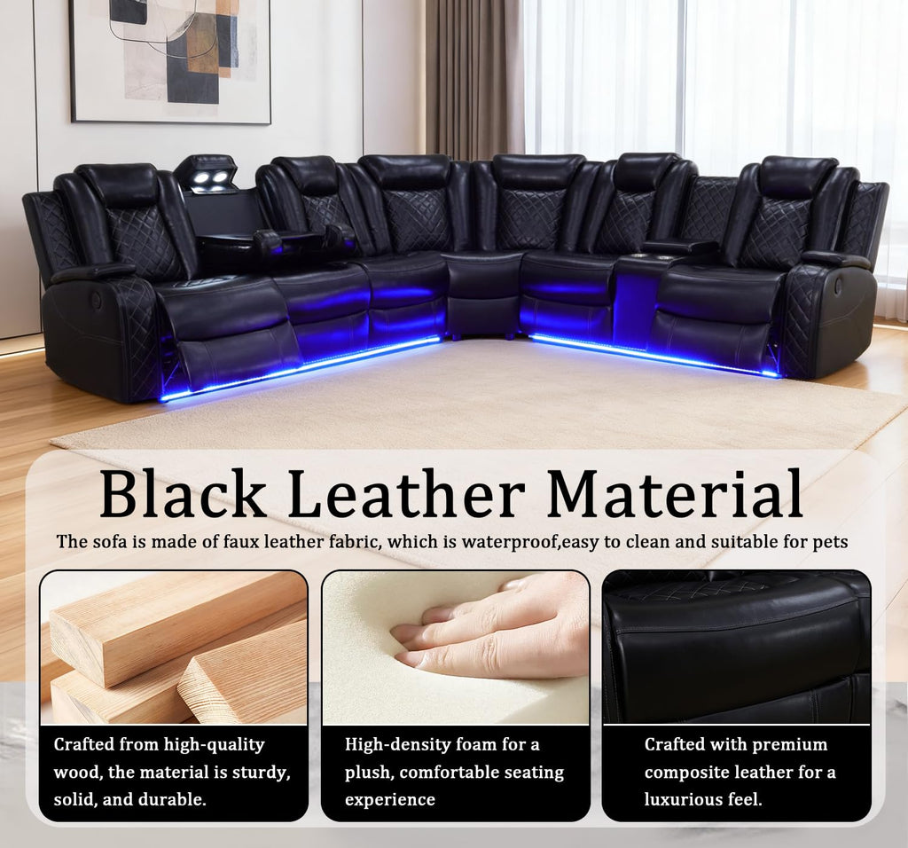 Power Leather Recliner Sectional Sofa with LED Lights, L Shaped Reclining Sectional Sofa, Modular Leather Couch with