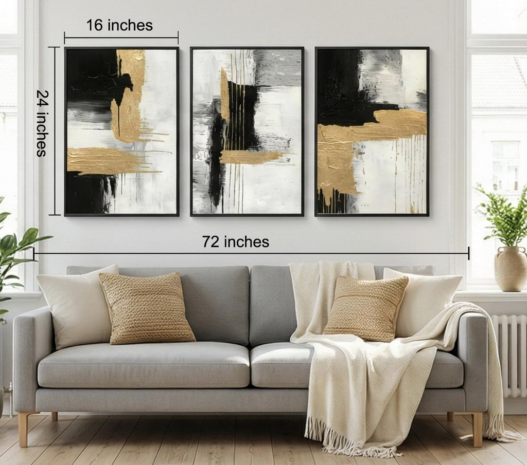 3D Textured Black and White Abstract Wall Art with Gold Foil, Framed 3 Pcs Hand Painted Oil Paintings, Large Luxury