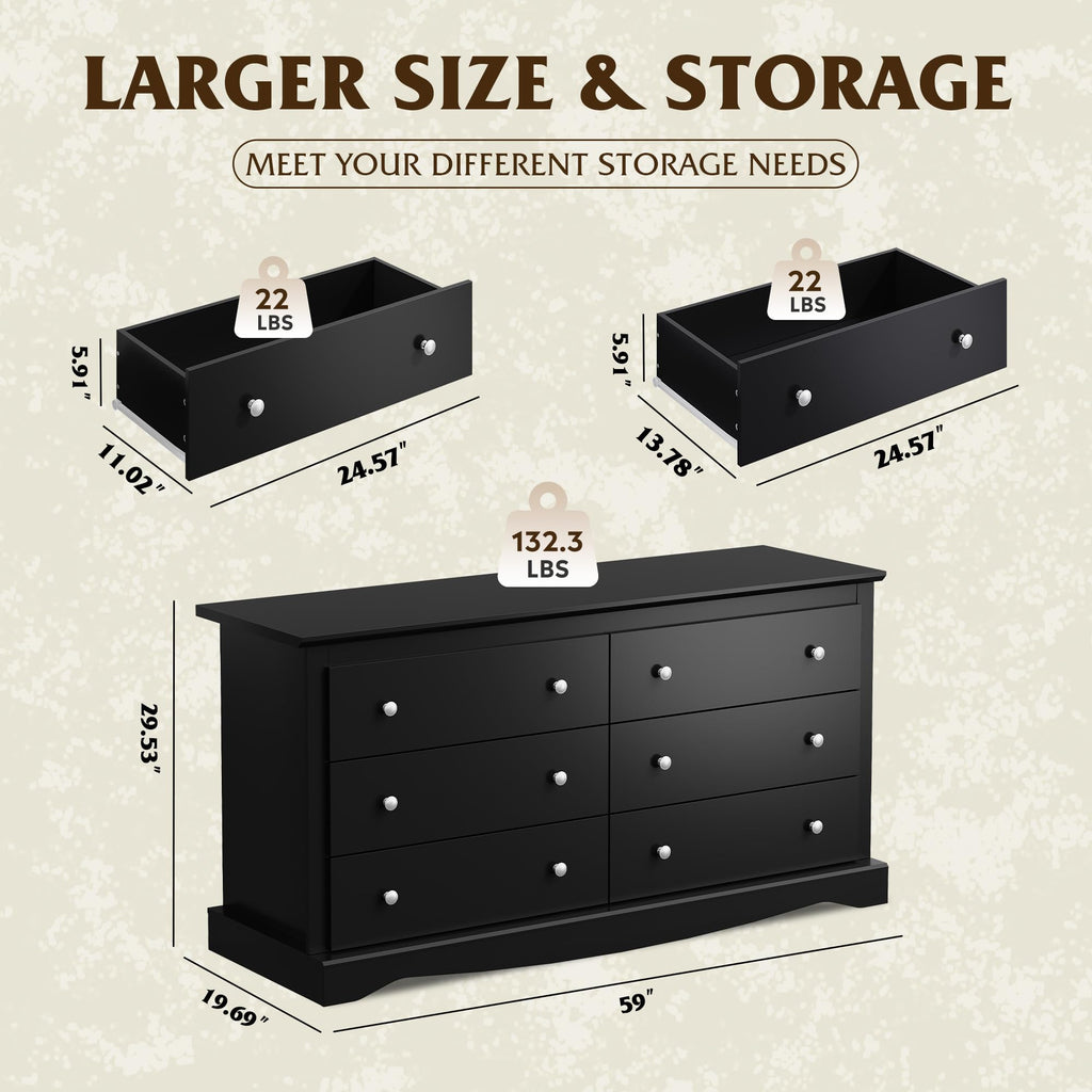 6 Drawer Dresser, 59" Wood Dresser with Anti-Tip Structure