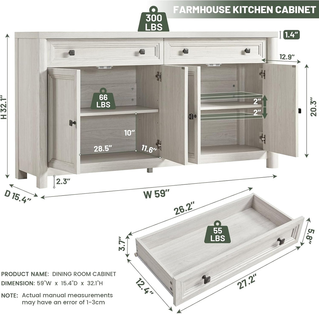 Farmhouse Sideboard Buffet Cabinet with Drawers, 59" Large Credenza Kitchen Storage Cabinets with Shelves & 4 Doors