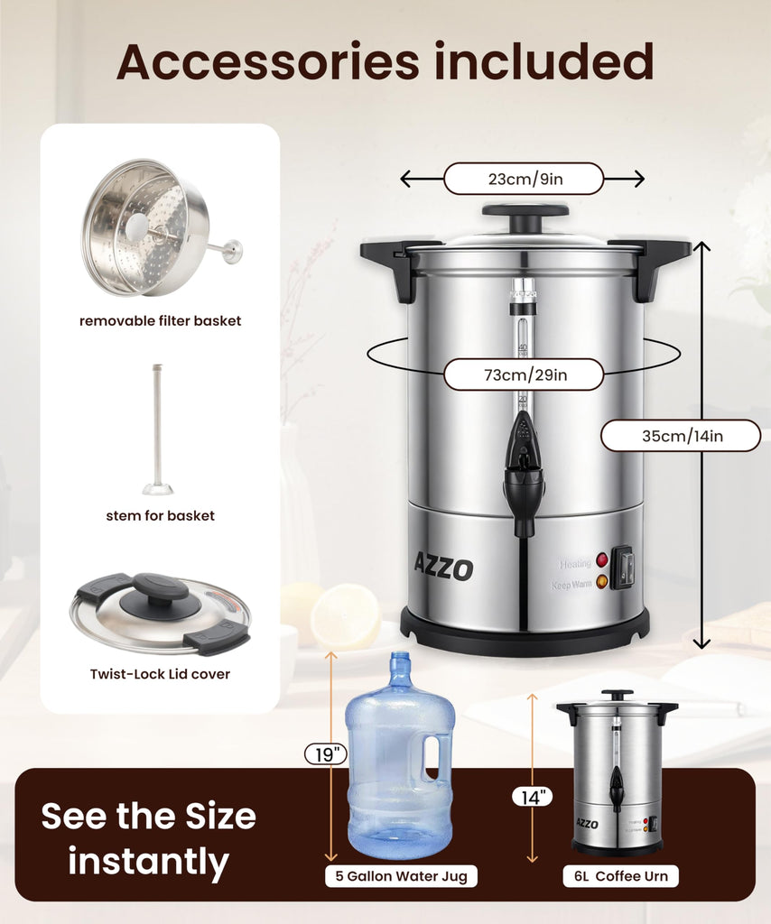 Commercial Coffee Maker 40-Cup Large Coffee Urn with Percolator Coffee Pot Electric 6L Stainless Steel Fast Brew Hot