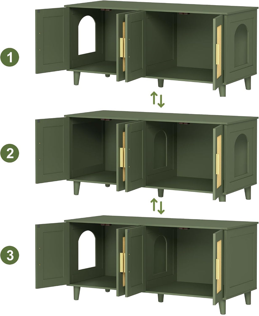 Boho Cat Litter Box Enclosure for 2 Cats, Green and Natural