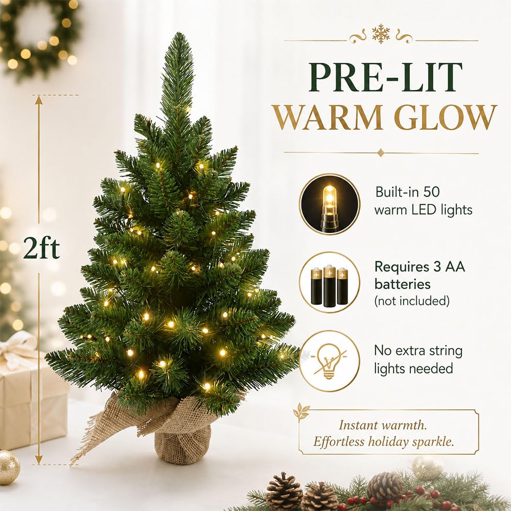 Small Christmas Tree with Lights, 2ft Table top Mini Xmas Tree
