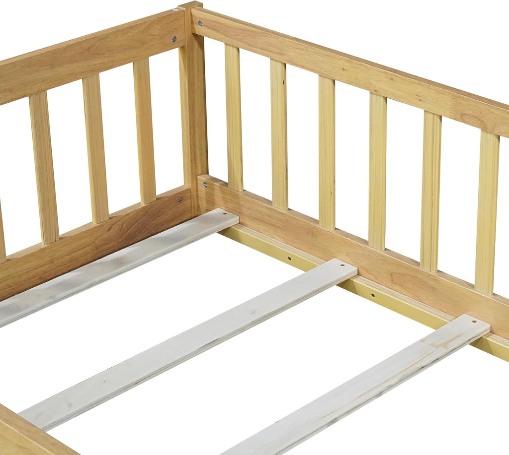 Slats and Safety Guardrail, Wood Twin Size Montessori Floor Bed with Door and Fence, Easy Assemble Montessori