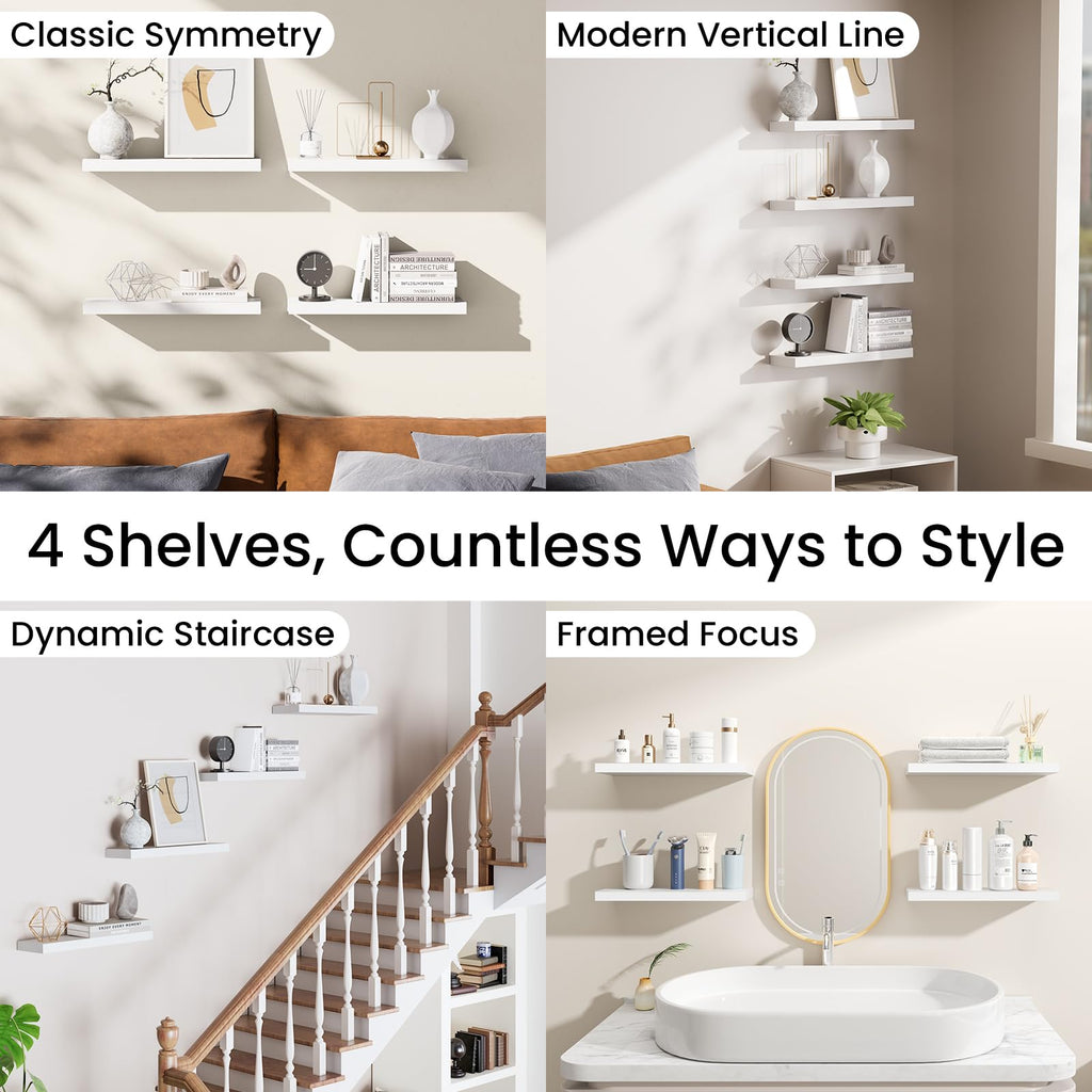 White Floating Shelves 15.7in, Set of 4, Wall Mount Rustic Wood Shelf