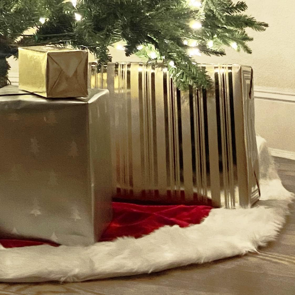54 Inch Diameter Large Dark Red Velvet Tree Skirt with Hi-Pile White Border - Classic Extra Large Size Plush