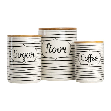 Labeled Ceramic Kitchen Canister Set, Set of 3, Coffee Sugar Flour, White/Black, Bamboo Lids