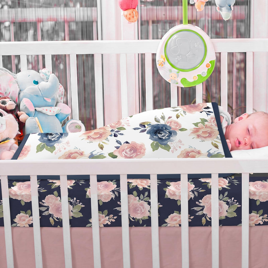 3 Pcs Navy and Pink Floral Crib Bedding Set for Girl