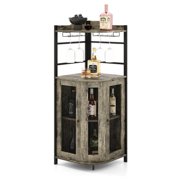Corner Bar Cabinet, 2 Mesh Doors Wine Cabinet with Glass Holders, Adjustable Shelf & Anti-Tipping Devices, Industrial