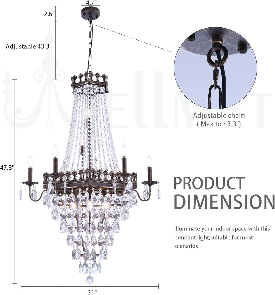 French Empire Crystal Chandelier,13-Light Bronze Crystal Pendant Light,Farmhouse Vintage Chandelier Lighting for Living Room, Dining Room, Bedroom, Foyer A108-B0D69PPW78