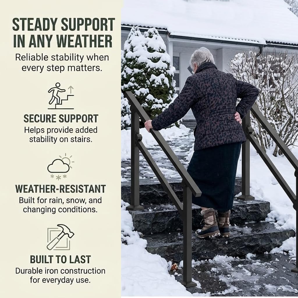 3 Step Hand Rails for Outdoor Steps, 2-Pack Metal Stair Railing Kit