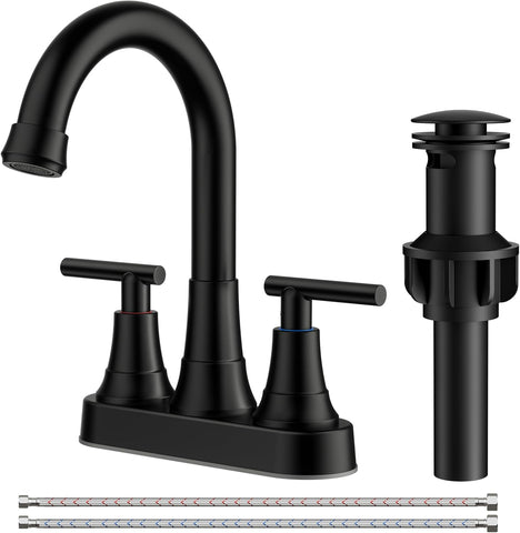 Matte Black Bathroom Faucets, 4 Inch Centerset Bathroom Sink Faucet 2 or 3 Hole with Pop up Drain and cUPC Hose