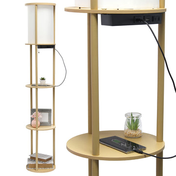 62.5" Round Modern Shelf Etagere Organizer Storage Floor Lamp with 2 USB Charging Ports, 1 Charging Outlet