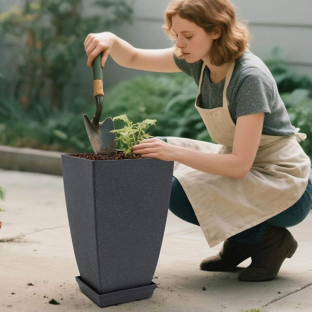 Set of 2 Tall Planter, 21 inch Large Plastic Planter, Cement Gray