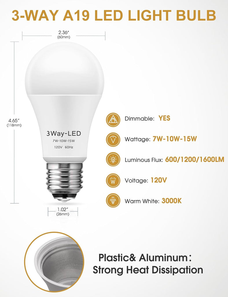 3 Way LED Light Bulbs Soft White 3000K 50/100/150 Watt Equivalent