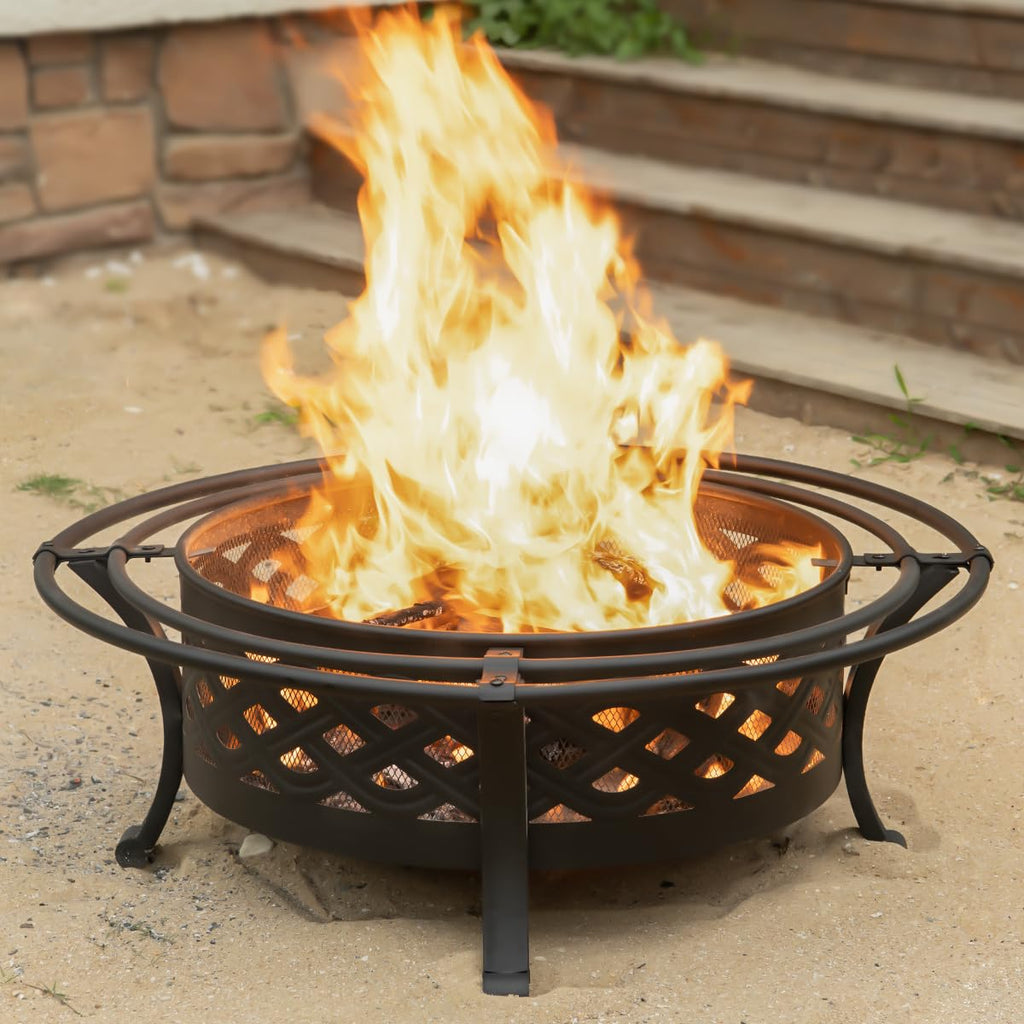 Outdoor Fire Pit with Spark Screen Wood Burning 42 Inch