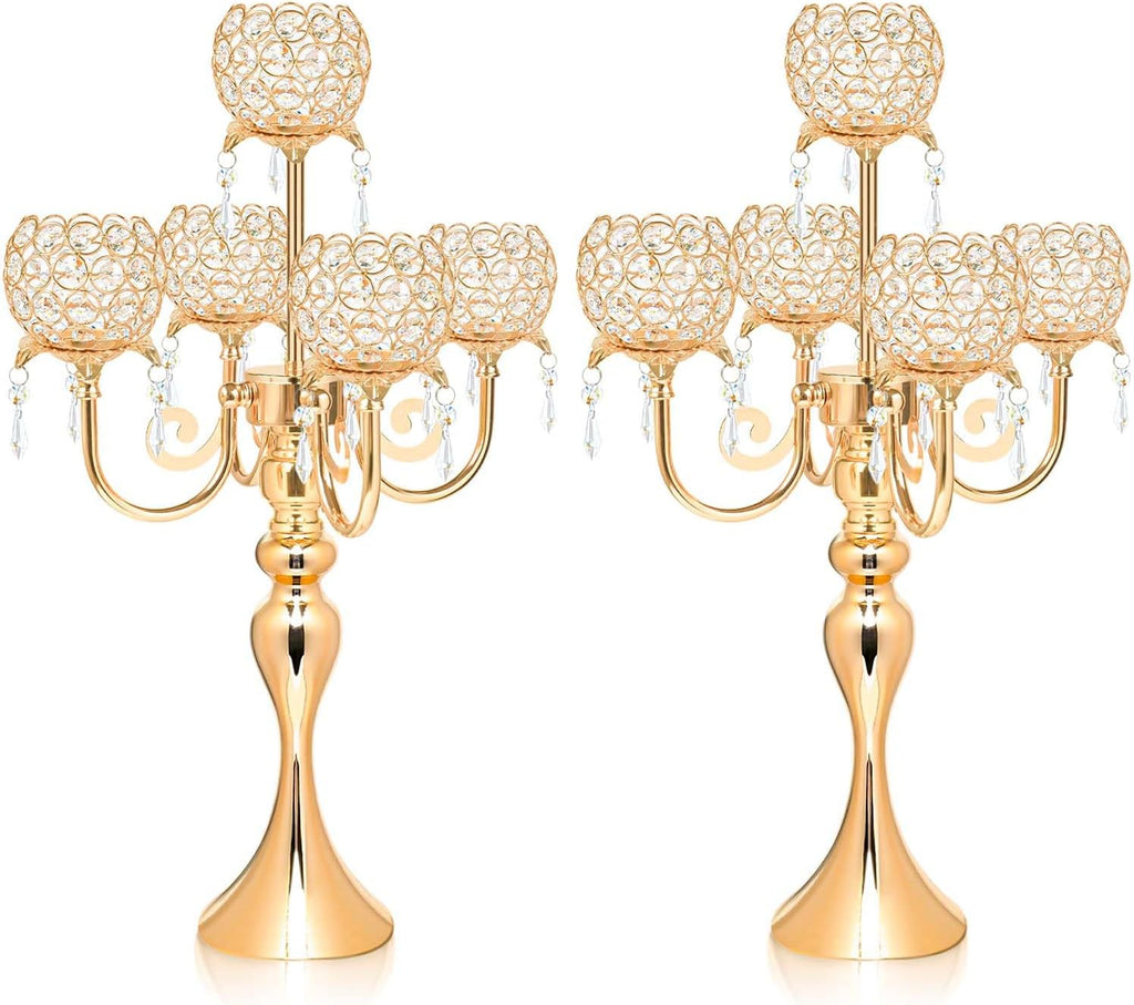 2 PCS Kehail Crystal Table Decoration Gold Candle Holder with Pendant, 5 Arm Candelabra Holder Beautiful Hollow