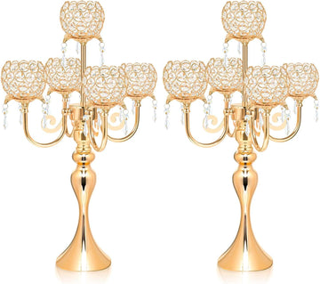 2 PCS Kehail Crystal Table Decoration Gold Candle Holder with Pendant, 5 Arm Candelabra Holder Beautiful Hollow