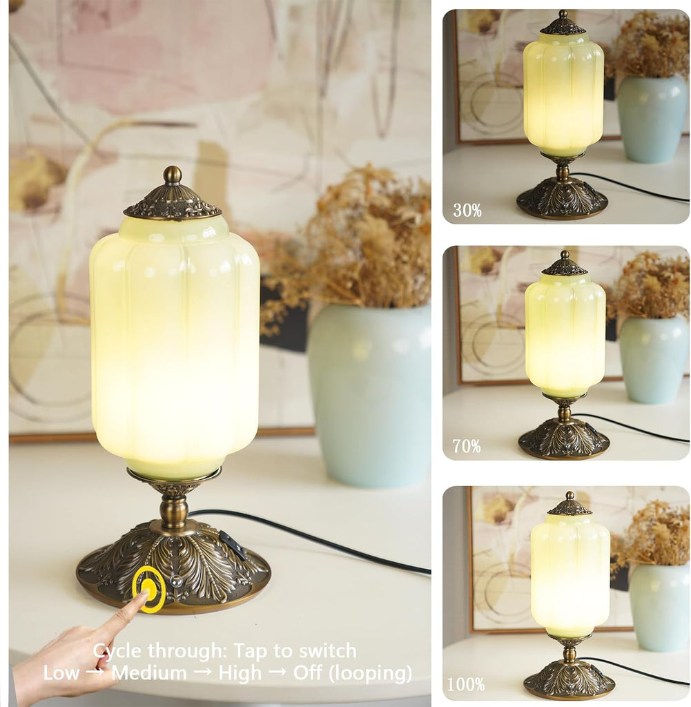 Milk Glass Touch Table Lamp, Elegant Green Jadeite Glass Bedside Desk Lamp 3 Way Dimmable with USB C+A Charging Ports