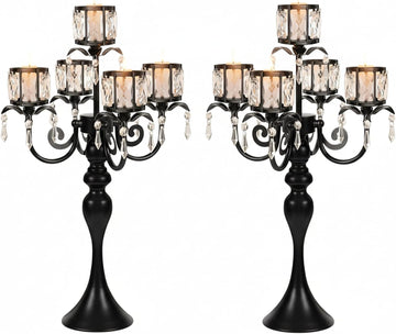Black Candelabra Centerpieces for Tables - 5 Arm Crystal Pendant Candle Holders, Elegant Metal Centerpieces