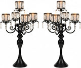 Black Candelabra Centerpieces for Tables - 5 Arm Crystal Pendant Candle Holders, Elegant Metal Centerpieces