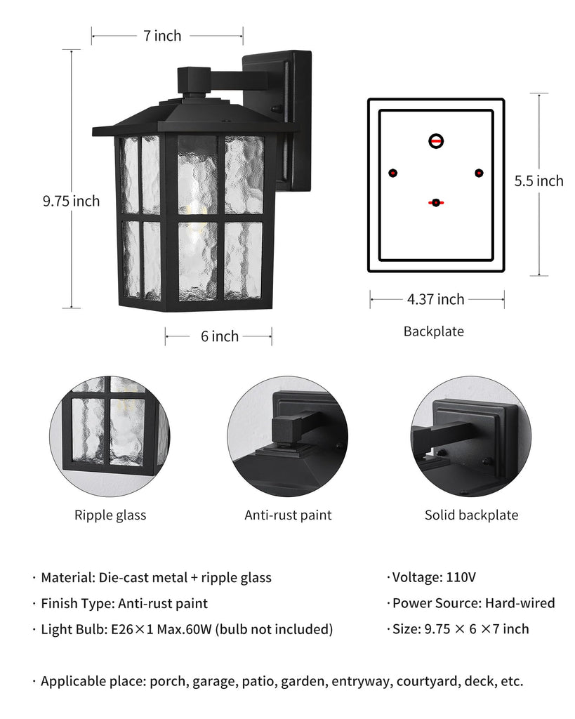 Black Outdoor Waterproof Modern Patio Wall Light Fixtures Set of 2