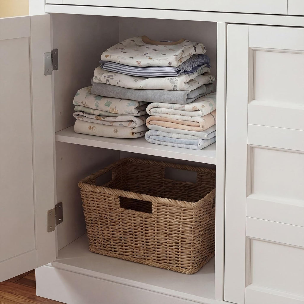 46" Baby Dresser with Changing Table Top, White Dresser with Storage Drawers and Doors, Multifunctional Nursery Baby