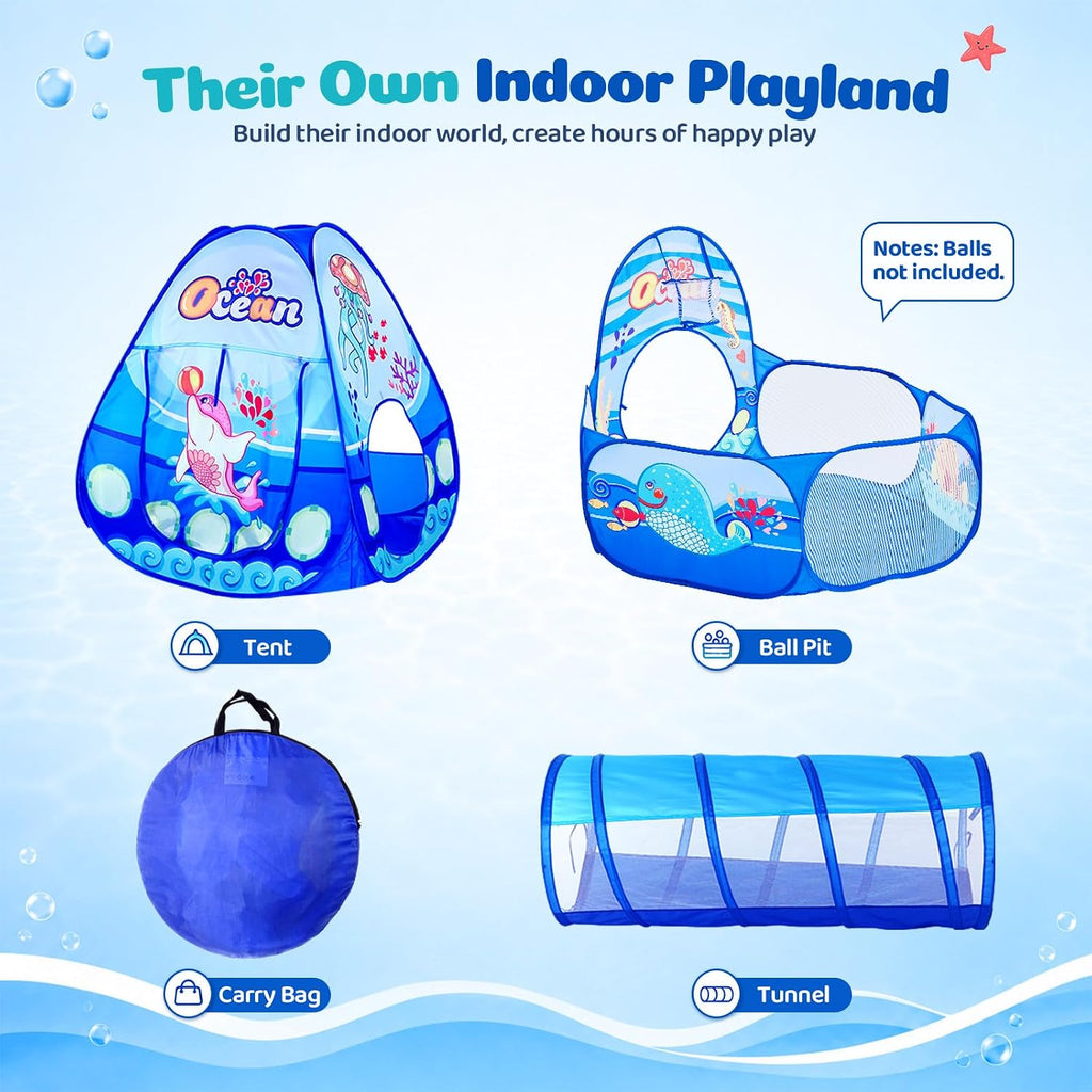 3 in 1 Kids Play Tent with Tunnel, Ball Pit, Basketball Hoop for Boys & Girls, Toddler Pop Up Playhouse Toy Baby