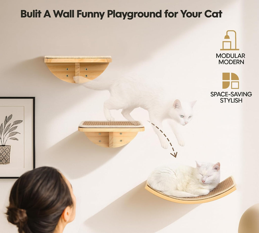 2 Set Wooden Cat Wall Shelves with Sisal Mat, Cat Wall Furniture Steps