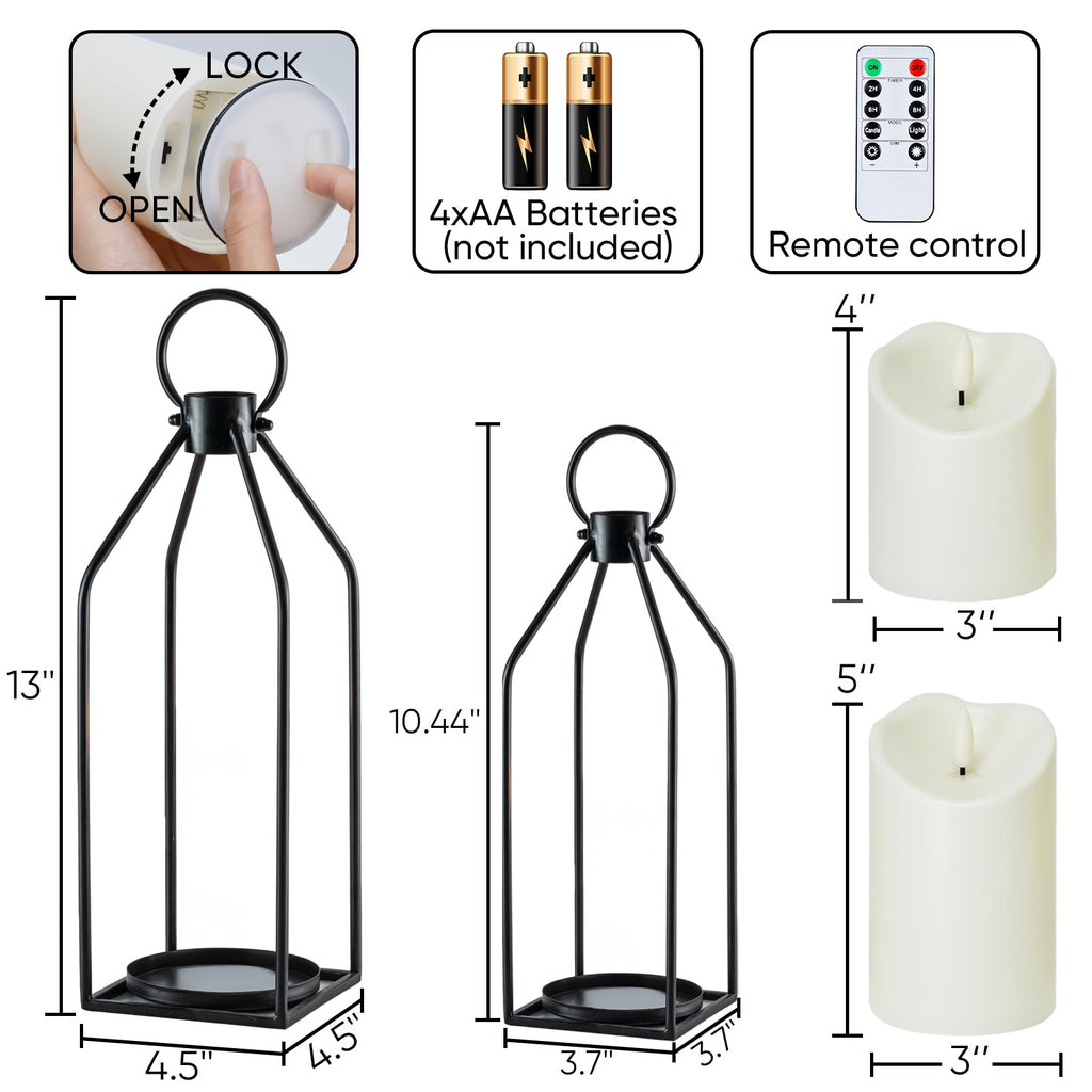 Modern Farmhouse Black Metal Lanterns 2PCS with Flameless Candle