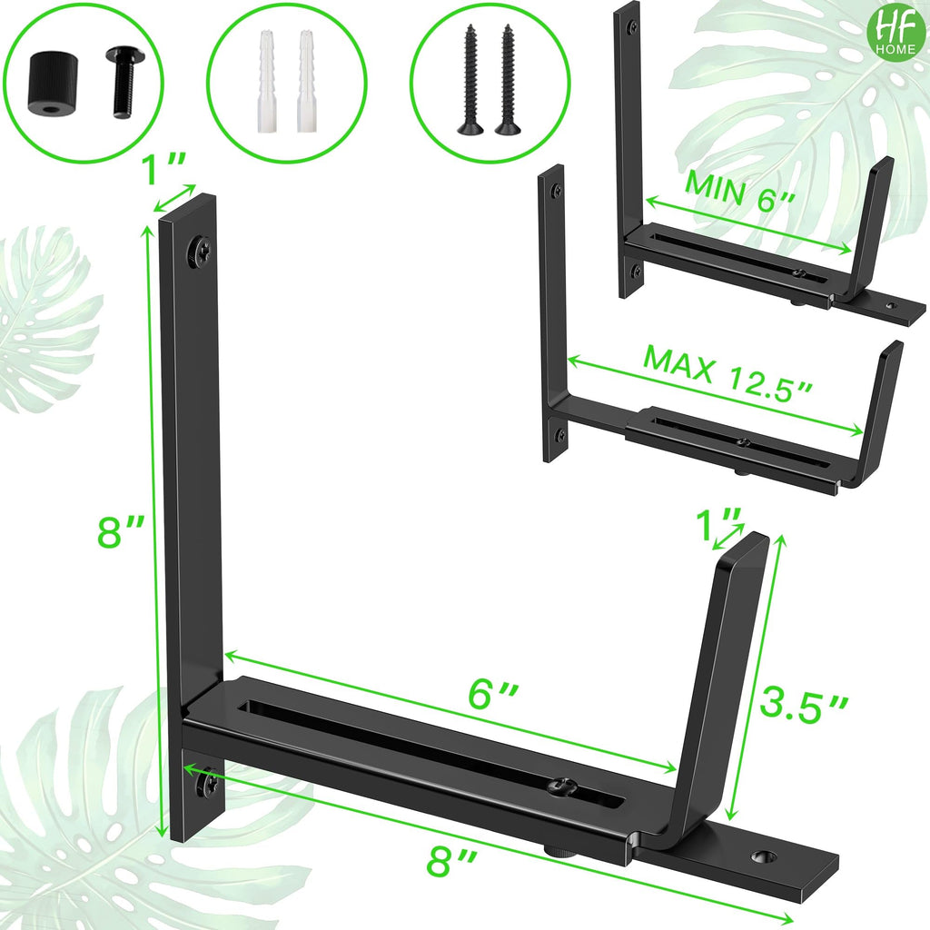 2 PCS Adjustable Planter Box Brackets (6 to 12.5 in), Universal Window Box Brackets, Heavy Duty Metal Flower Box Wall