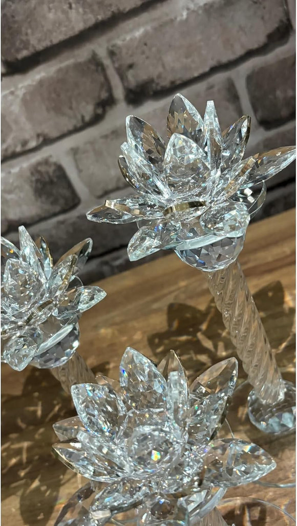 Quality Crystal Glass Lotus Candlestick Set 3-Piece Gold Tone - Decorative Candle Holders Decor - Gold