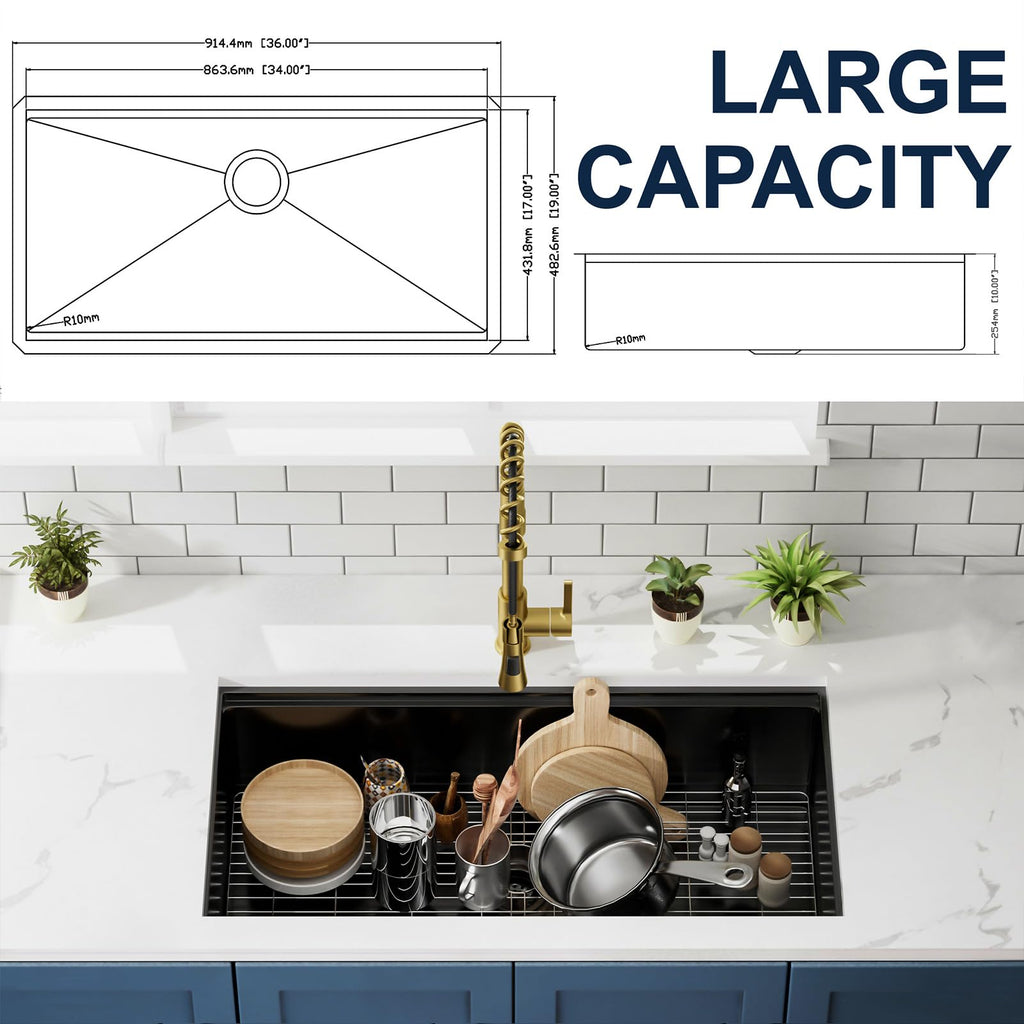 36 inch Black Stainless Steel Undermount Kitchen Sink, 36x19 Handmade 16 Gauge Single Bowl Workstation Sink, 10 Inch
