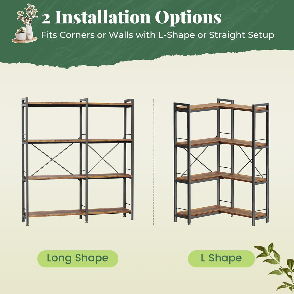 4 Tier Bookshelf, L Shaped Corner Bookshelf with 8 Open Shelves, 49.4 Inch Straight Wide Bookcase with Metal Frame