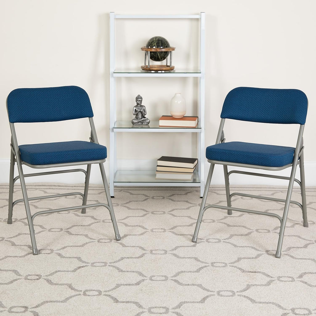 4 Pack HERCULES Series Premium Curved Triple Braced & Double Hinged Navy Fabric Metal Folding Chair