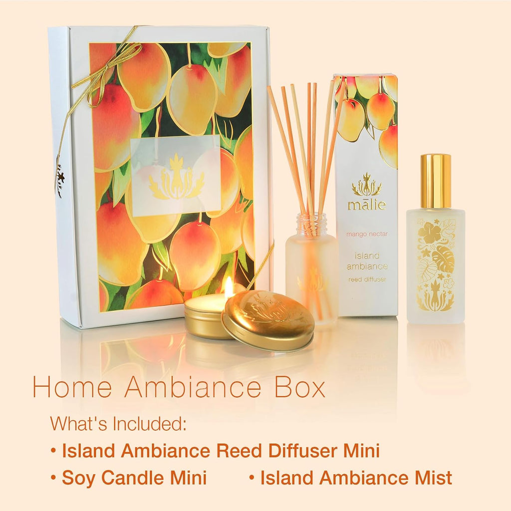 Home Ambiance Gift Box, Mango Nectar, Hawaiian Aromatherapy Gift Set with Reed Diffuser, Ambiance Mist + Soy