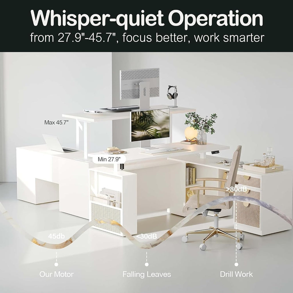 63" L Shaped Electric Standing Desk, Privacy Panel | White Rattan, 1.18" Desktop Executive Height Adjustable Desk