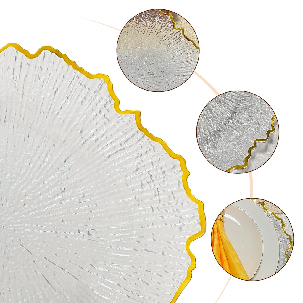 Acrylic Gold Rim Reef Charger Plates 10PCS, 13inch Plastic Floral Charger Plates Wedding for Dinner (10, Reef Clear)