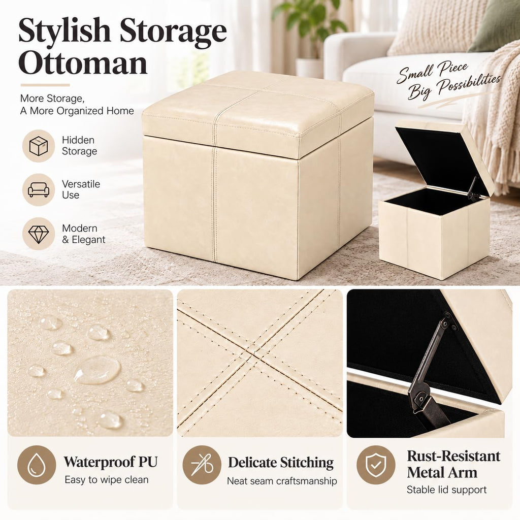Modern Faux Leather Cube Storage Ottoman Bench, Warm Beige, Sturdy Footrest with Hidden Storage - 17.3" Cube