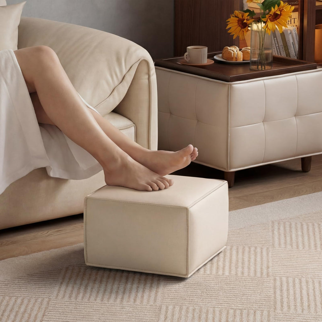 Square Ottoman with Storage Set of 2, Leather Coffee Table Ottoman, Multifunctional Foot Rest Stool with Storage