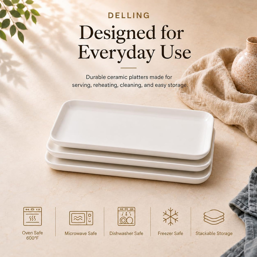 16 Inch Large Serving Platter Set of 3, White Porcelain Platters for Serving Food - Rectangular Serving Trays for