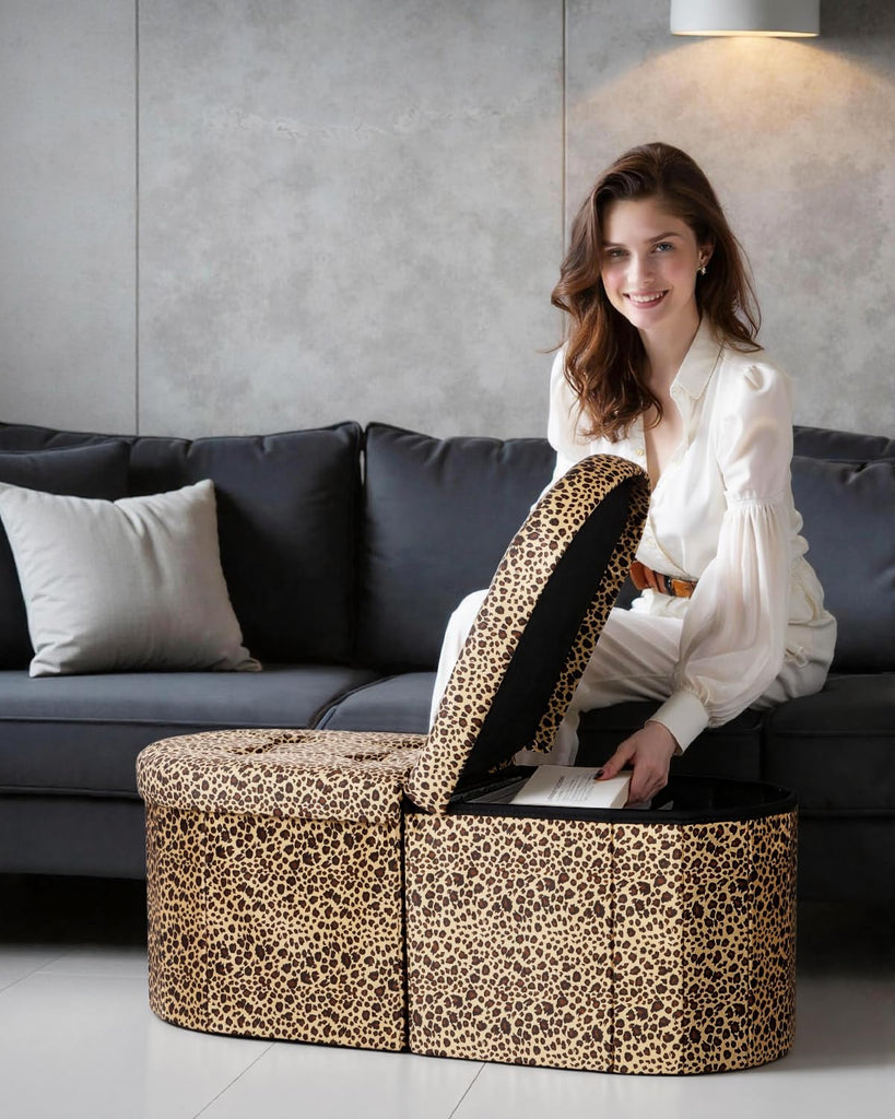 Oval Ottoman Storage Bench, 34" Leather Folding Chest, Leopard