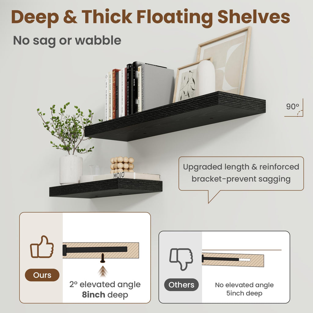55 Inch Floating Shelves for Wall, 8 Inch Deep, Invisible Brackets, Black