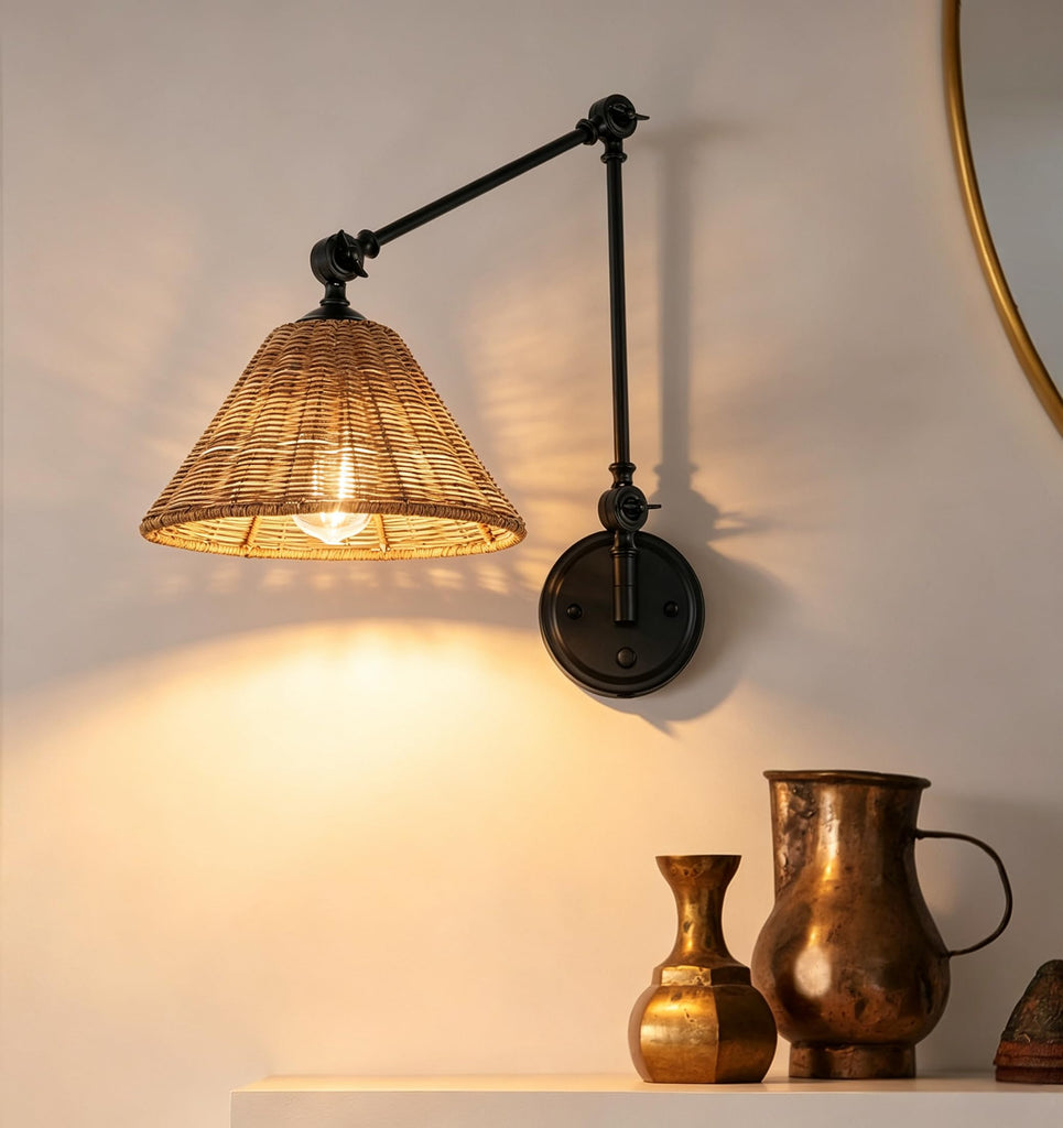 Wall Sconce Rattan Wrapped Wall Lamp, Adjustable Swing Arm Wall Light Fixture Vintage Bedside Light Wicker Handmade