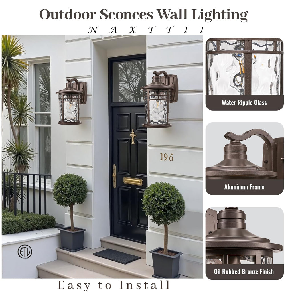14.5 Inch Height Outdoor Wall Lights Waterproof Exterior Lighting Fixtures with Water Ripple Glass ORB Finish Outside
