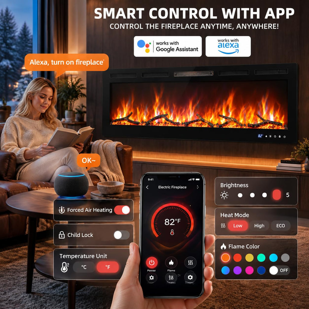 50 Inch Smart Electric Fireplace, WiFi & Alexa Smart Control